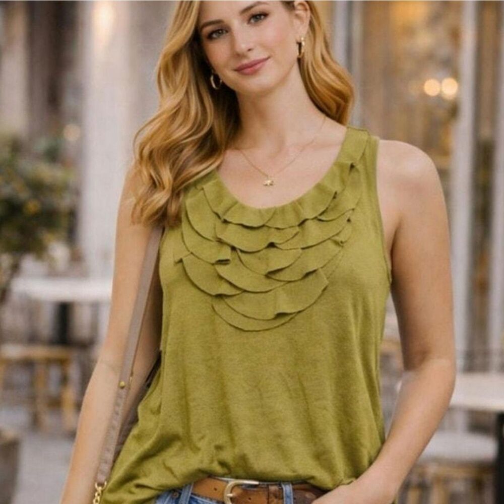 New Loft Scalloped Ruffled Neck Sleeveless Tank Top Relaxed Elastic Women XL